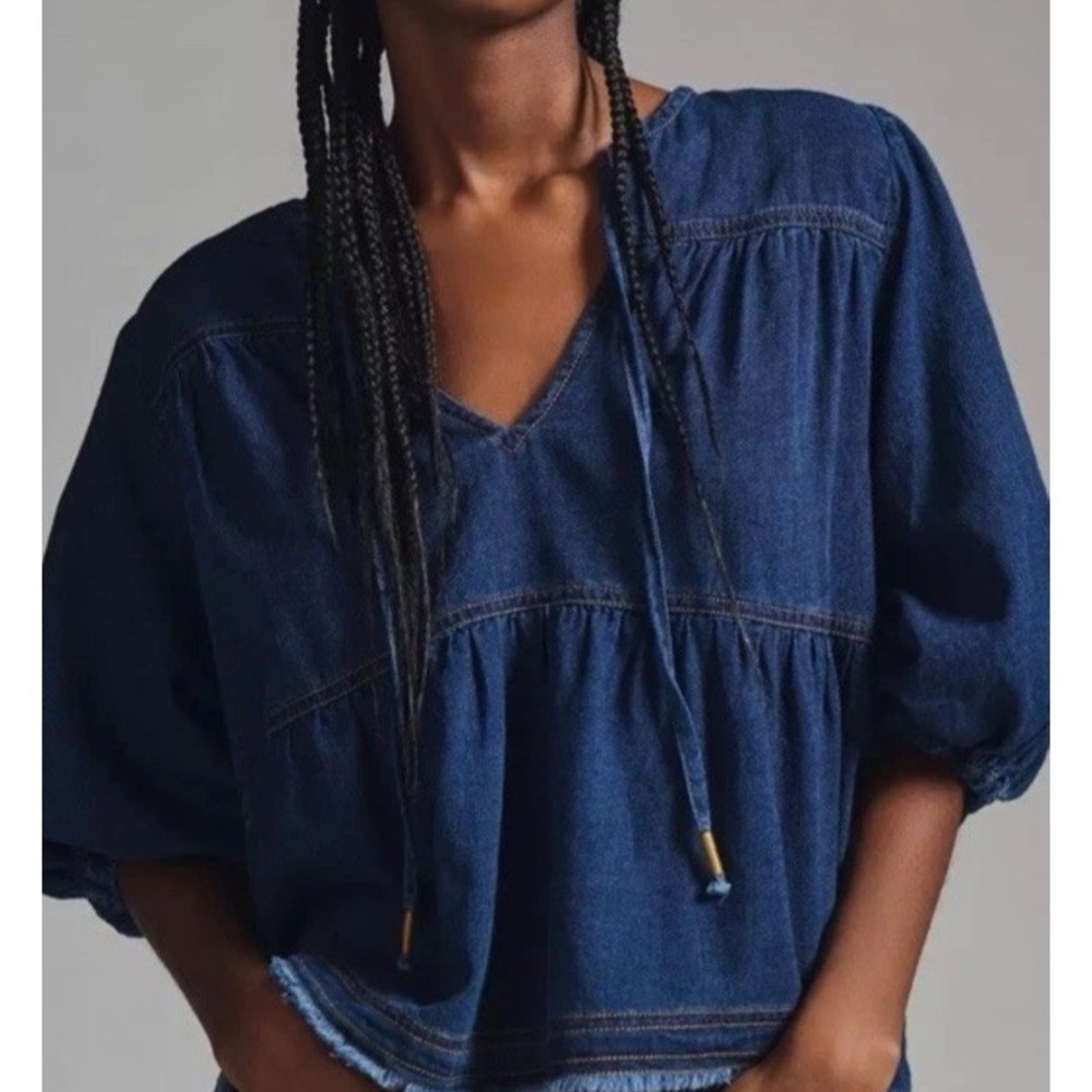 Pilcro Anthropologie Chambray Peasant Blouse Small Puff Sleeve Tiered Denim Top